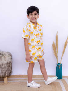 Camel Style jaune 100% coton garçons ensemble de vêtements décontracté à manches courtes solide motif léopard chemise pour enfants 1-5 ans - Product Image 4