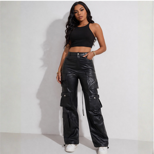 Pantalones Cargo Negros para Mujer, Cintura Alta, Multibolsillos, Estilo Urbano, Pantalones de Moda - Product Image 1