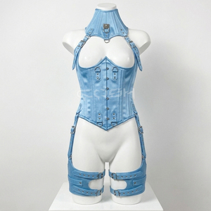 Corset en satin bleu avec baleines en acier, style club et soirée, avec corset de cou et harnais de cuisse ajustable - Product Image 3
