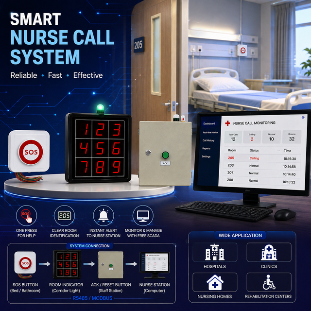 Smart Medical Nurse Call System – SOS Room Button, RS485 Modbus, SCADA, OEM