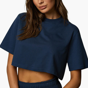 Women's <b>Navy</b> Blue Crop <b>Top</b> Short Sleeve Crew Neck Loose Fit Solid Color Jersey Cotton Casual T-Shirt Spring Summer Wear - Product Image 2