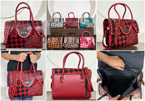 Nuevo Bolso Tote de Cuero Vacuno Estilo Occidental, Hecho a Mano, con Diseño Floral a Cuadros y Asa Trenzada, Bolso de Diseñador para Mujer - Product Image 3