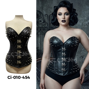 Full Bust Steelboned <b>Gothic</b> And Steampunk Black Leather <b>Corset</b> With Spikes And Front Swing Clasp Closure - Product Image 6