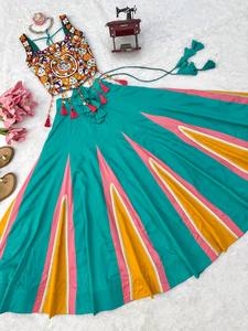 Ladies Teal Green Flared Panel <b>Lehenga</b> Choli Set Kutchi Mirror Work <b>Crop</b> <b>Top</b> Indo Western Garba Dress Ready to Ship - Product Image 4