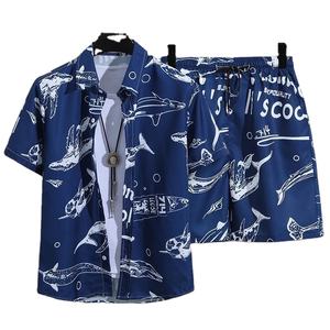 Conjunto de playa informal de verano 2025 para hombre, camisa de manga corta con una botonadura, pantalones cortos a prueba de viento de talla grande para vacaciones, atuendo de viaje - Product Image 1