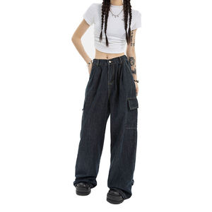 Pantalones Cargo Elegantes de Cintura Media en Azul Oscuro, Poliéster/Algodón, Tallas Grandes, Corte Regular, Largos, Ecológicos y Transpirables para Mujer - Product Image 3