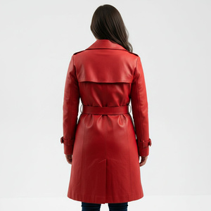 <b>Red</b> Women Genuine Leather Long <b>coat</b> Belted <b>Waist</b> turn Down Collar warm Breathable Sample & Customization Service Available - Product Image 1