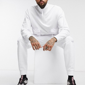 Survêtement en coton blanc pour homme, manches longues, couleur unie, décontracté, fermeture éclair, col rabattu, coupe classique, vêtements de printemps - Product Image 1