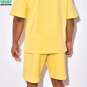 Men's Yellow Cotton T-Shirt <b>Set</b> Crew Neck Solid Color Casual Summer Breathable <b>Knitted</b> Short Sleeve Outfit - Product Image 5