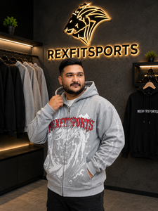 REXFITSPORTS 2026 Sweat à capuche gris personnalisé avec fermeture éclair intégrale, 280-300 GSM, en molleton de coton et polyester imprimé, style streetwear - Product Image 5