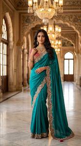 Sari de satén de lujo para fiestas con bordado Zari de diseño tradicional de elefantes y blusa lista para usar - Product Image 2