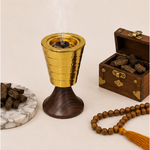 Gold Metal Bakhoor Burner with Wooden Base Arabic Mabkhara Oud Charcoal Incense Holder for Ramadan Home <b>Decor</b> Wholesale Price - Product Image 4