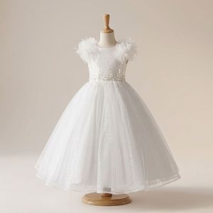 Factory Direct <b>Top</b> Choice Elegant White Flower Girl Dress <b>Feather</b> Shoulders Glitter Tulle Skirt Wedding First Communion - Product Image 2