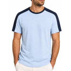 Top selling Men Raglan Sleeve T-Shirt Contrast Shoulder <b>Panel</b> <b>Light</b> Blue Navy Plain Tee - Product Image 1