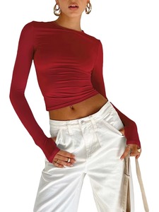 Women Long Sleeve Crop <b>Top</b> Solid Color Ruched Front Crew Neck Slim Fit <b>Y2K</b> Style Spandex Polyester Knitted Breathable Spring - Product Image 4