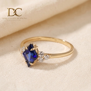 Nouvelle bague de luxe en or jaune massif 14 carats avec diamant de laboratoire et saphir bleu royal, bijoux de mariage pour femmes - Product Image 3