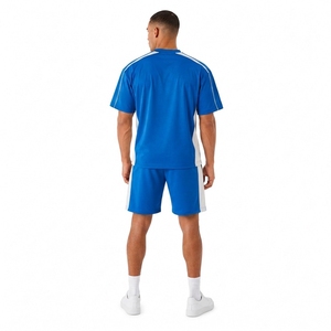 Men's Blue Sporty T-Shirt <b>Set</b> With White Stripes Crew Neck <b>Knitted</b> Polyester Breathable Summer Shorts <b>Set</b> - Product Image 2