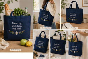 Dream Big <b>Work</b> Hard Stay Kind Canvas Tote <b>Bag</b> With Floral Embroidery Navy Blue Minimalist Style Shopping <b>Bag</b> - Product Image 3