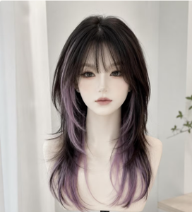 Perruque synthétique droite ombrée noir-violet de haute qualité, avec racine naturelle, sans colle, résistante à la chaleur, en fibre synthétique - Product Image 1