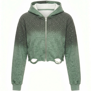 SHY SPORTS Sudadera con capucha para mujer, 100% algodón, de alta calidad, estilo desgastado, con cierre de cremallera, estilo urbano, con pedrería, corte holgado - Product Image 1
