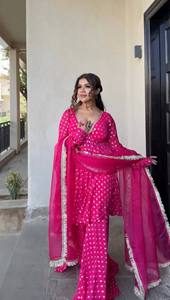 Conjunto Sharara Rosa Jacquard para Mujer, Traje Étnico Indio, Blusa Larga con Estampado Floral, Dupatta de Tela de Red, Vestido para Boda o Fiesta - Product Image 2