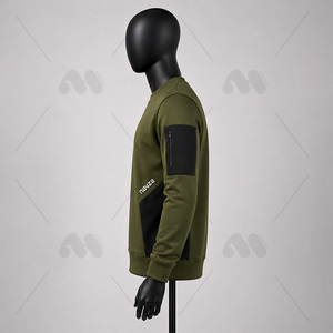เสื้อสเวตเชิ้ตคอกลมสีเขียวมะกอกสำหรับผู้ชาย ทรงปกติ ดีไซน์กระเป๋าเสื้อ สวมใส่สบาย โลโก้ที่แขนซ้าย สไตล์ฤดูใบไม้ร่วง - Product Image 3