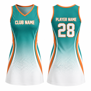 Maillot de netball sans manches personnalisé pour femme, bleu sarcelle, orange, blanc, impression par transfert thermique, polyester respirant, uniforme d'équipe adulte - Product Image 1