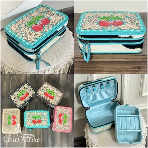 Wholesale Price Portable Hand Tooled Leather <b>Makeup</b> Box Travel Cosmetic <b>Case</b> Cherry Design Genuine Cowhide Leather Jewelry Box - Product Image 1