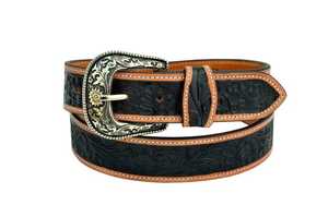 Ceinture en cuir noir et marron de style western haut de gamme avec broderie florale et boucle ardillon argentée, style décontracté - Product Image 3
