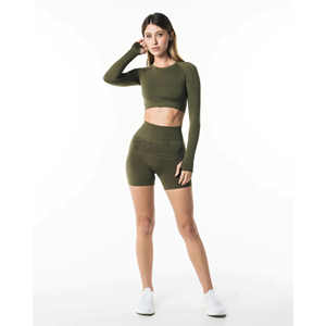 Ensemble 2 pièces sans couture pour femme, personnalisé, vente en gros, séchage rapide, t-shirt de sport sans manches, col rond, coupe ajustée, pour yoga, entraînement, gym, longueur intégrale - Product Image 2