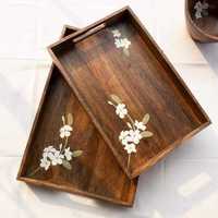 Künstlerisches handgefertigtes Holz-Serviertablett, rechteckig, weißes Blumenmuster, Vintage, chinesische Handbemalung, dekorativ, günstig.