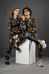 Survêtement unisexe en molleton noir à imprimé floral, coupe longue, à capuche avec poches latérales, pour tenue décontractée d'automne - Product Image 5