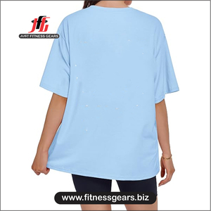 Women's O-Neck Short Sleeve T-Shirt Eco-Friendly 100% Polyester Solid Blue Knitted Casual Loose Fit Summer - Product Image 4