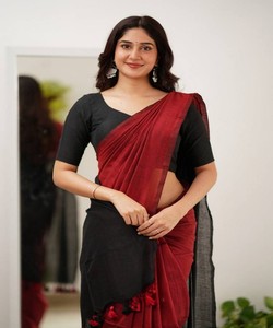 Traditional Red Black Silk Saree Women's <b>Floor</b> Length Indian Ethnic Wear Casual Style with Tassel Border - Product Image 2