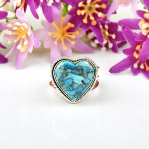 Anillo de Plata de Ley 925 con Turquesa Azul Natural en Forma de Corazón, Anillo Ancho Martillado, Joyería Fina para Mujer - Product Image 3