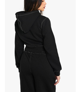 Conjunto Deportivo de 2 Piezas para Mujer, Modelo 2026, con Costuras en Contraste, Sudadera Corta de Algodón y Felpa, Cierre con Cordón, Bolsillos Delanteros - Product Image 3