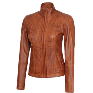 Brown Leather Biker Jacket Women Stylish Urban Slim Fit Breathable Knitted Canvas <b>Zipper</b> Classic Streetwear Casual Winter High - Product Image 1