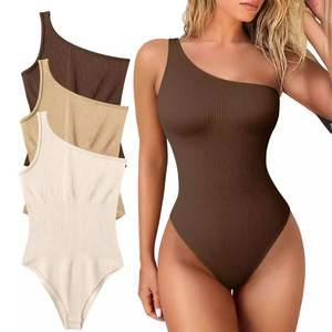 Body de punto de un solo hombro para mujer, de cintura alta, control de abdomen, faja moldeadora, color liso, sexy, para discoteca, primavera-verano, transpirable - Product Image 4