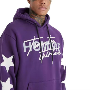 Ensemble survêtement homme décontracté violet avec sweat à capuche imprimé étoiles et pantalon de jogging évasé style streetwear deux pièces - Product Image 3