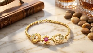 Divyoro <b>Ruby</b> Floral Chain <b>Bracelet</b> 22k Gold Plated Vintage Trendy Orissa Women's Jewelry Engagement Wedding Everyday Wear - Product Image 2