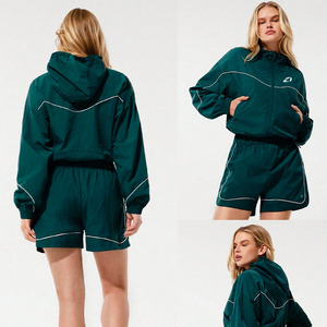 Customize Women's Windbreaker Shorts Lightweight Reflective Piping Windbreaker Tracksuit Adjustable Drawstring <b>Polyester</b> <b>Hoodies</b> - Product Image 6