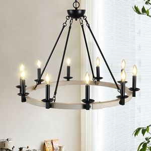 Lampadario Rustico a 10 Luci Stile Fattoria da 32 Pollici, Lampada a Sospensione in Metallo Nero e Legno per Sala da Pranzo e Soggiorno - Product Image 1