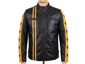Men's Black <b>Leather</b> <b>Cafe</b> <b>Racer</b> <b>Jacket</b> with Yellow Stripes and Star Sleeves - Product Image 5