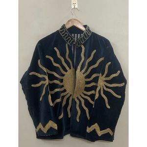 Hand Embroidered <b>Velvet</b> <b>Jacket</b> <b>Women</b> Mandarin Collar Full Sleeve Geometric Sun Pattern Open Front Coat Autumn - Product Image 6
