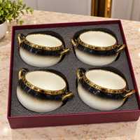 Ensemble de bols de service en céramique noir et blanc dégradé avec bordure et poignées dorées, bols décoratifs pour soupes, collations et desserts avec cuillères