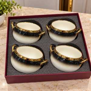 Juego de Tazones de Porcelana con Degradado Blanco y Negro, Duraderos, con Asas Doradas, para Decoración de Fiestas, Sopa, Aperitivos, Postres, con Cucharas - Product Image 4