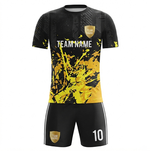 Ensemble short et maillot de football personnalisé sublimé, anti-humidité, noir et or, uniforme d'équipe, taille élastique, tenue de sport pour l'entraînement - Product Image 1