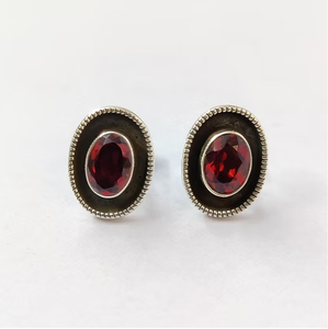 925 Sterling Silver Minimalist Garnet Stud Earrings - Boho <b>Oxidized</b> Finish Vintage Statement Jewelry - Product Image 2