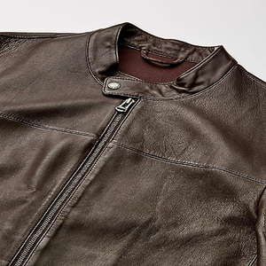 American Retro <b>High</b>-End Biker Style Genuine <b>Leather</b> Stand Collar Embroidered Front Logo Jacket Men Solid Loose Fit Winter <b>Tops</b> - Product Image 3