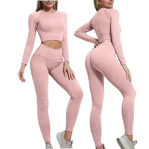 Ribbed Yoga Set Women 2 Piece High Waist Full Length <b>Leggings</b> <b>Long</b> Sleeve Crop <b>Top</b> Solid Color Gym Fitness Workout Wear - Product Image 2